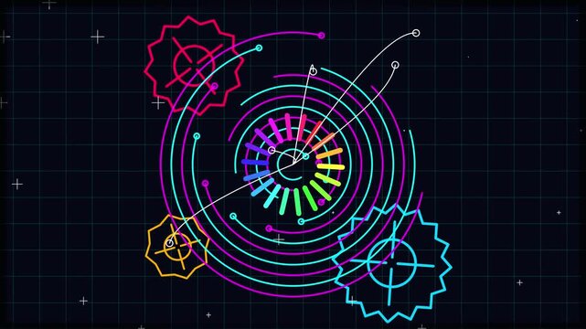 Abstract Neon Geometric Shapes Swirling with Lines and Dots on Dark Grid Background