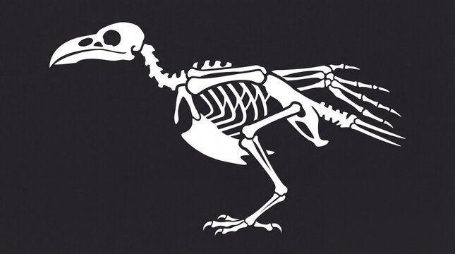 White bird skeleton anatomy illustration on black background
