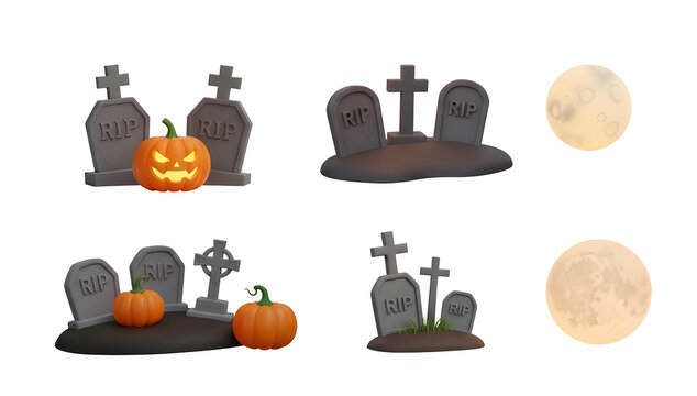 Halloween cemetery png scene shows tombstones, pumpkins, crosses, and moons on transparent background. Playful elements create spooky charm. Suitable for seasonal card design.