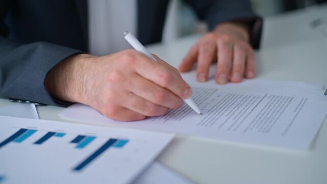 Cropped view male hands signing business agreement contract with pen at table in office. Unrecognizable businessman writing signature in document in company researching stats diagrams man write indoor