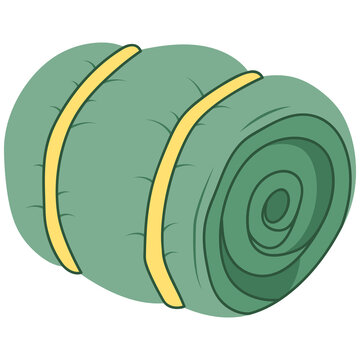 Rolled green camping sleeping bag secured with yellow straps for outdoor adventure