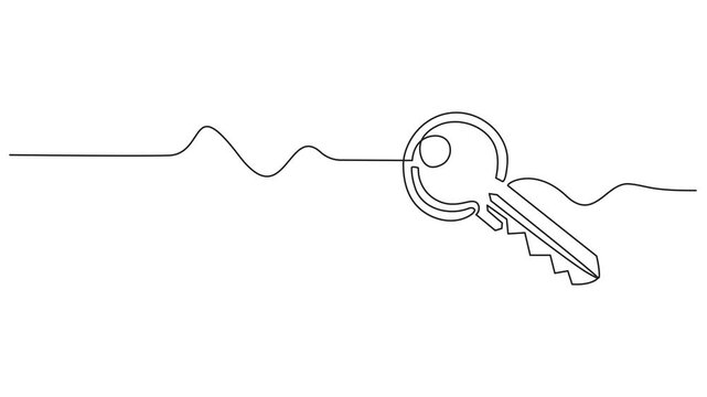 Animated self drawing of single continuous line draw elegant key house logo design, Key continuous one line art animation for security and access concepts. Minimalist continuous line drawing animation