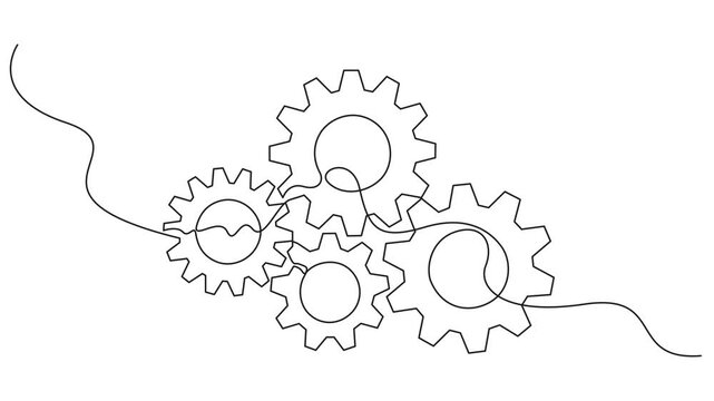 Gears wheel continuous line video. Round wheel metal symbol company template for business teamwork concept. Gear line continuous art one icon cog work business factory wheel. Continuous gear line