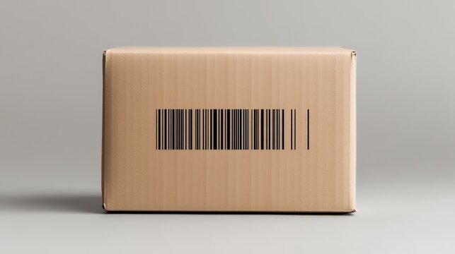 A simple brown cardboard box with a black barcode printed on its surface sits against a light grey background