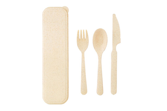 Bioplastic cutlery isolated on a white background. Eco tableware. Biodegradable utensils. Waste reduction. Food service.