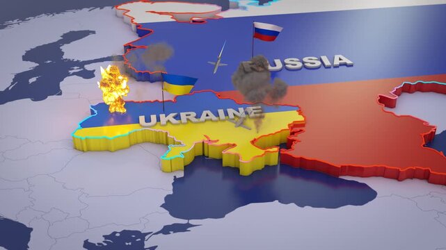 An illustration on a map showing drone attacks and explosions on Ukraine territory carried out from Russian. 3D render.
