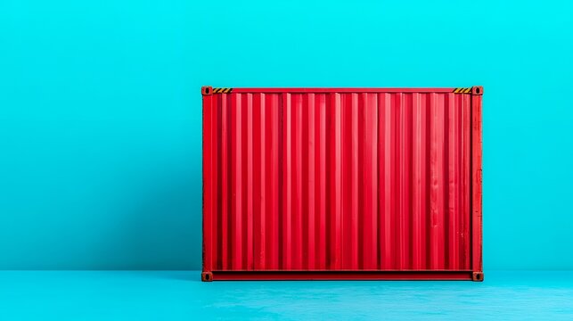 A vibrant red cargo container stands against a bright turquoise background, creating a striking contrast of color and shape