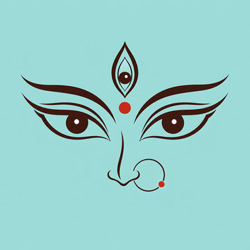 Stylized goddess durga eyes with third eye red bindi and nose ring for durga puja mahalaya traditional festival artwork background symbol design