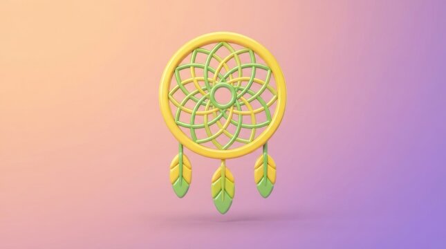 Yellow and green dreamcatcher 3D illustration with leaf decorations on gradient background
