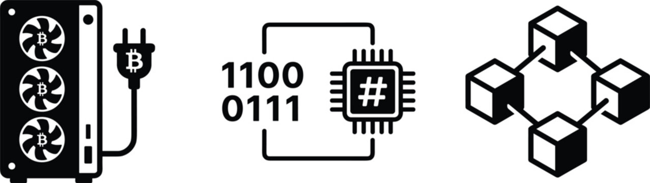  Crypto mining rig hardware vector icon with binary code hash block data processor decentralized technology system graphic elements.