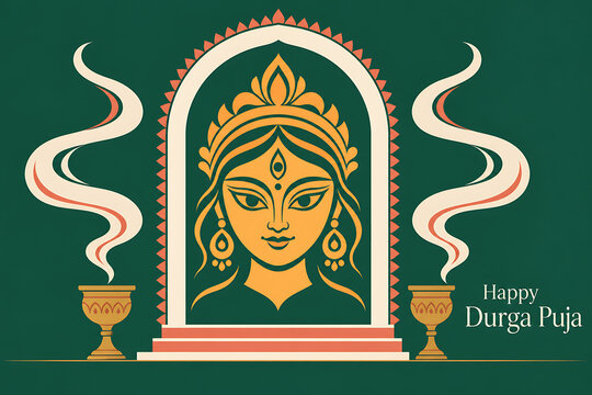 Traditional goddess durga illustration with incense smoke and decorative temple frame for durga puja mahalaya bengali festival greeting card background art design