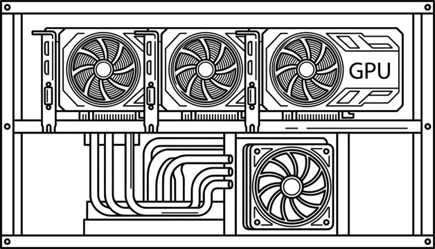 GPU mining rig farm vector outline illustration showing graphics card video hardware open frame power supply unit mining station