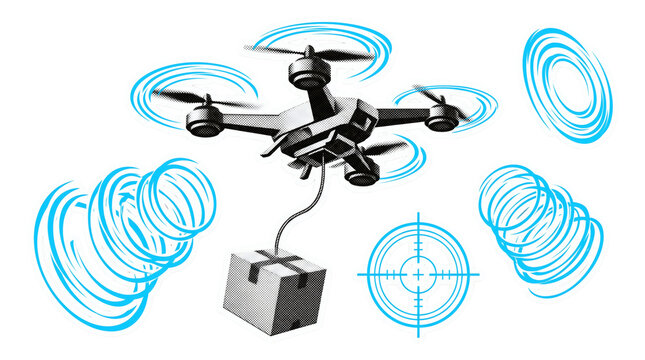 Autonomous delivery drone carrying cargo box on transparent background, unmanned quadcopter aircraft hauling parcel with blue wireless radar circles. Smart service delivers rapid transportation.