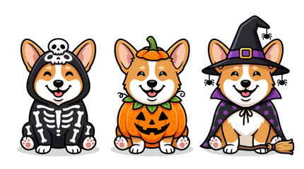 Obraz premium Cute corgi dogs wearing Halloween costumes in a flat vector illustration
