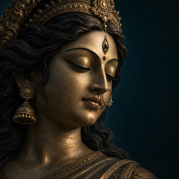 Elegant bronze goddess durga statue portrait with closed eyes ornate crown and jewelry for durga puja mahalaya sacred devotional festival background art
