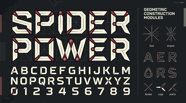 Bold geometric modular font with construction diagram with design modular