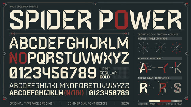 Bold geometric font specimen with lowercase numbers construction dark red