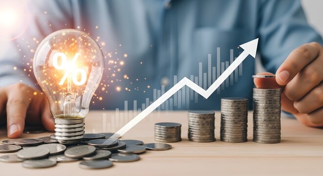 Financial Growth Concept featuring a glowing light bulb with percentage sign, rising arrow graph, and stacked coins. Ideal for banking advertisements and economic reports.