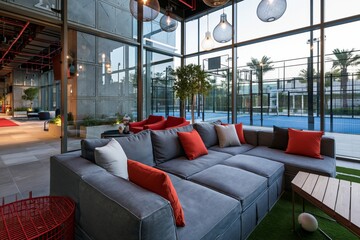 Fototapeta premium Modern padel club lounge overlooking courts through glass walls, luxury sports lifestyle environment, contemporary interior and fitness design