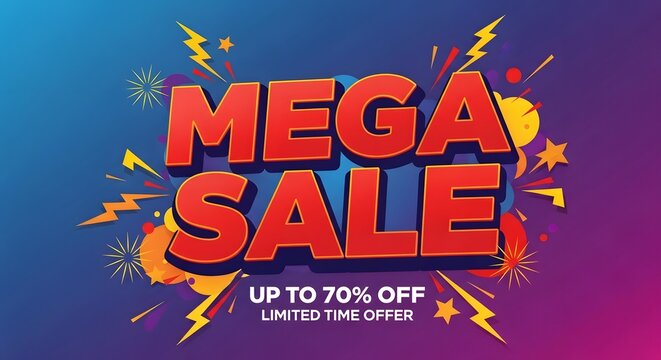 Bold mega sale advertisement with vibrant colors and dynamic lighting effects for promotions