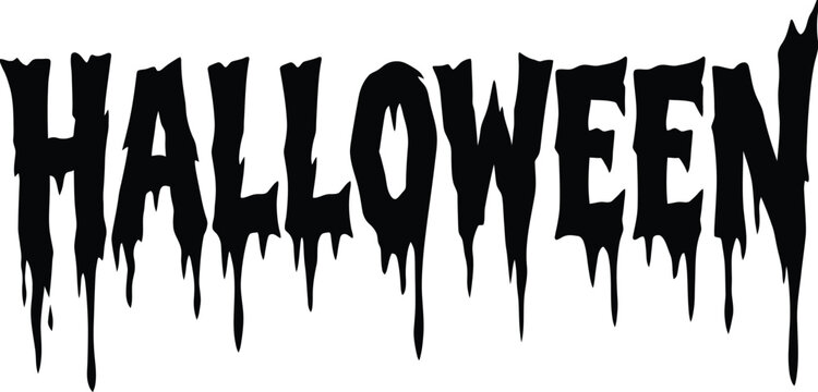 Spooky Halloween text with dripping blood effect, creepy horror typography in black, gothic holiday lettering for party posters and flyers