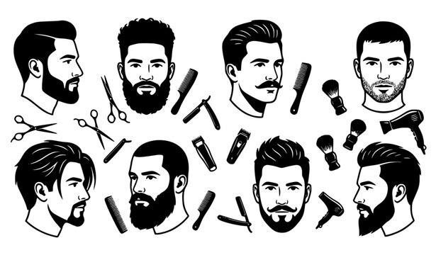 Men's Hairstyles and Beard Styles with Barber Grooming Tools Black White Vector Set