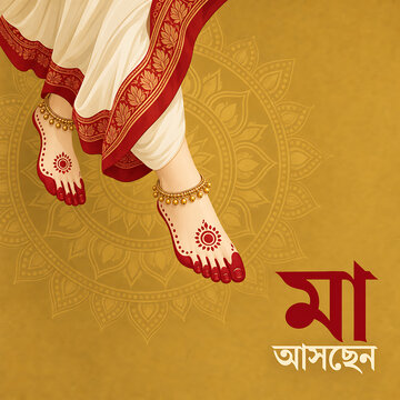Decorative goddess durga feet with red alta anklets and traditional saree illustration symbolizing mahalaya arrival and sacred durga puja celebration bengali festival