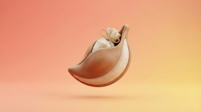 3D render of a clay pod holding a small tied cloth bag on a soft gradient orange background