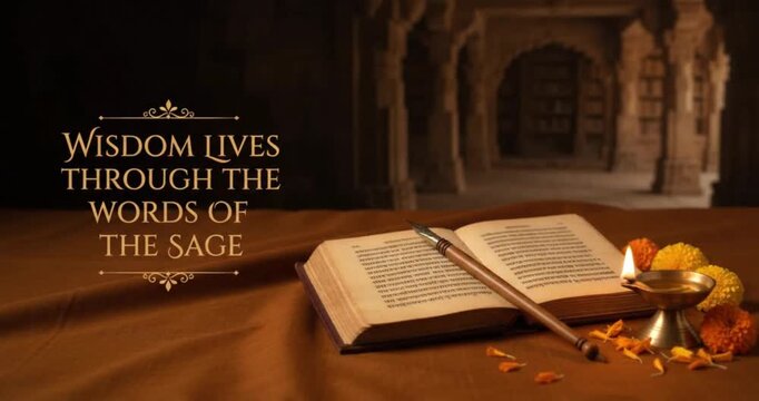 Horizontal Valmiki Jayanti festival background template featuring "Wisdom Lives Through the Words of the Sage" text, open scripture, writing pen, lit brass diya, marigold flowers, and ancient library 