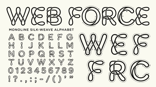 Monoline silk weave alphabet display with large web force typography