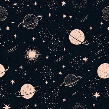 A whimsical celestial pattern of sketched planets, stars, and cosmic dust on a dark background