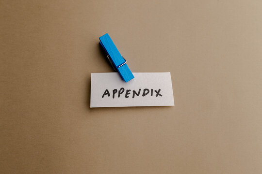 A small white note with appendix text attached by a bright blue wooden clothespin on a solid brown background for business office work
