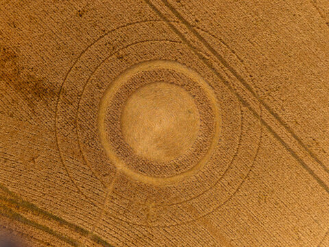 Alfred's Castle, Oxfordshire, UK, July 12, 2026; Aerial view of a mysterious, intricate, geometric formation in a wheat crop field near Alfred's Castle, Oxfordshire, England, UK; 3 July 2026