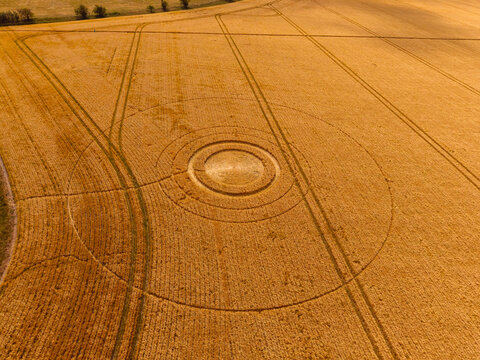 Alfred's Castle, Oxfordshire, UK, July 12, 2026; Aerial view of a mysterious, intricate, geometric formation in a wheat crop field near Alfred's Castle, Oxfordshire, England, UK; 3 July 2026