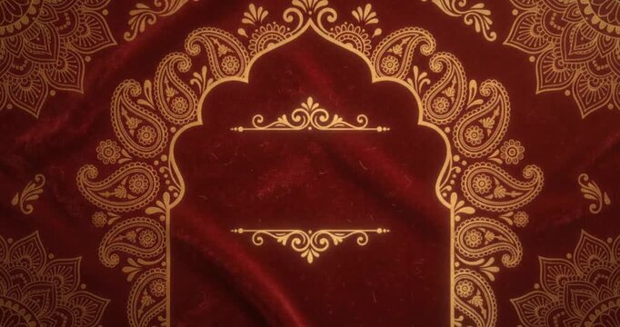 Horizontal Indian festival background template featuring textured dark red fabric, ornate golden archway frame with paisley motifs, mandala patterns, and copy space