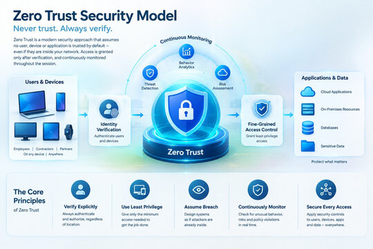 Zero Trust Security Model Framework Never Trust Always Verify Infographic With Identity Verification