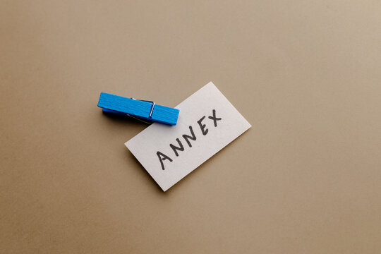 A small white note with the handwritten word annex held by a bright blue wooden clothespin on a plain neutral background for business use