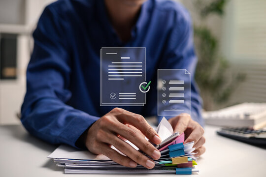 Professional sorts business documents with a digital verification checklist. The scene represents document management, compliance review, audit preparation, accounting records and approval workflow.