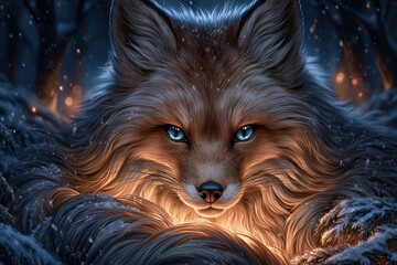 Fototapeta premium Magical mystical fox with glowing blue eyes in snowy winter forest