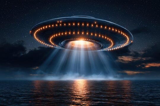 Giant UFO glowing spaceship hovering over dark ocean with light beam