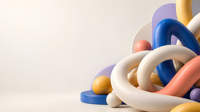Abstract 3D geometric composition with colorful curved tubes and spheres, modern minimalist background with copy space, playful pastel shapes