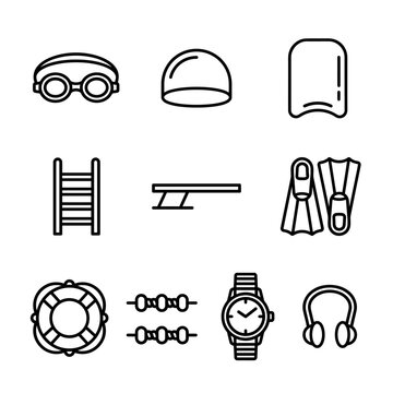 Swimming pool equipment line icons set with goggles, swim cap, flippers, diving board, and lifebuoy outline symbols