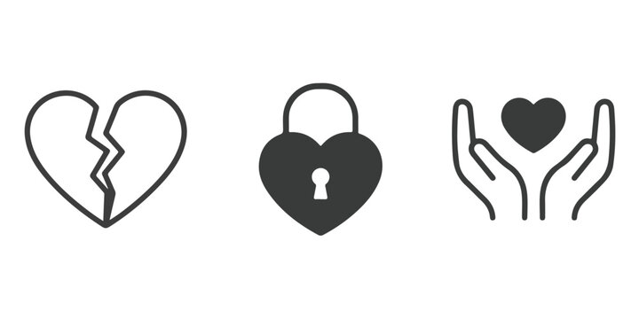 Set of three minimal vector icons representing broken heart heart shaped padlock and hands holding a heart