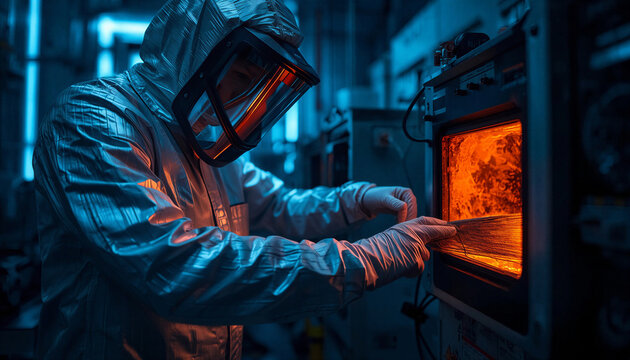 Materials scientist in heat resistant suit and dark visor extracting carbon nanotube arrays from high temperature tube furnace
