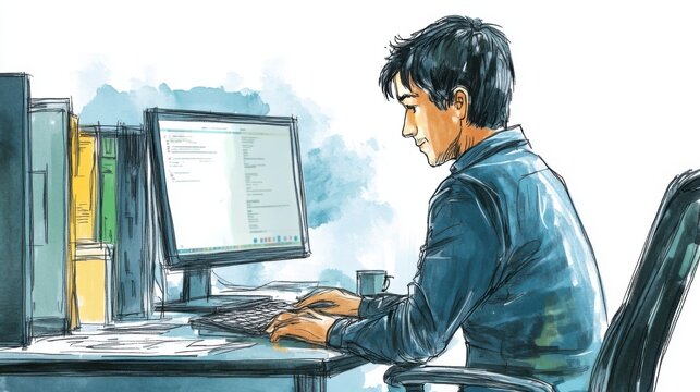 Illustration of a Young Man Working at a Computer Desk