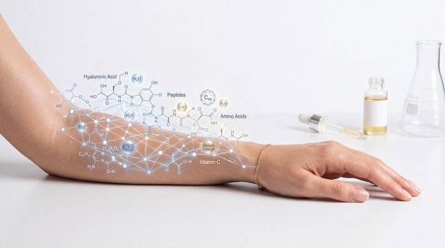 Scientific skincare concept with female hand, molecular structure, hyaluronic acid, peptides, amino acids, vitamin C, and laboratory glassware on white background