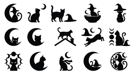 Obraz premium A comprehensive halloween vector bundle featuring various black cat silhouettes with moons witch hats and mystical elements for seasonal graphic design