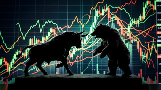 Silhouette of a bull and a bear facing each other against a backdrop of glowing financial trading charts with silhouette investment financial business exchange