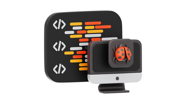 A 3D illustration of a computer monitor displaying a software bug icon alongside code blocks for debugging and programming development task 46