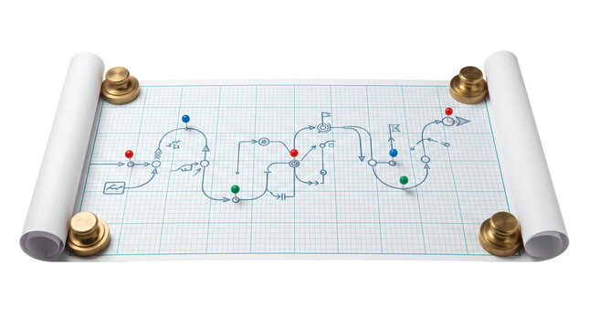 Unrolled architectural engineering blueprint scroll on transparent background, technical project plan schematic pinned with brass weights on paper. Professional drafting creates blueprint.